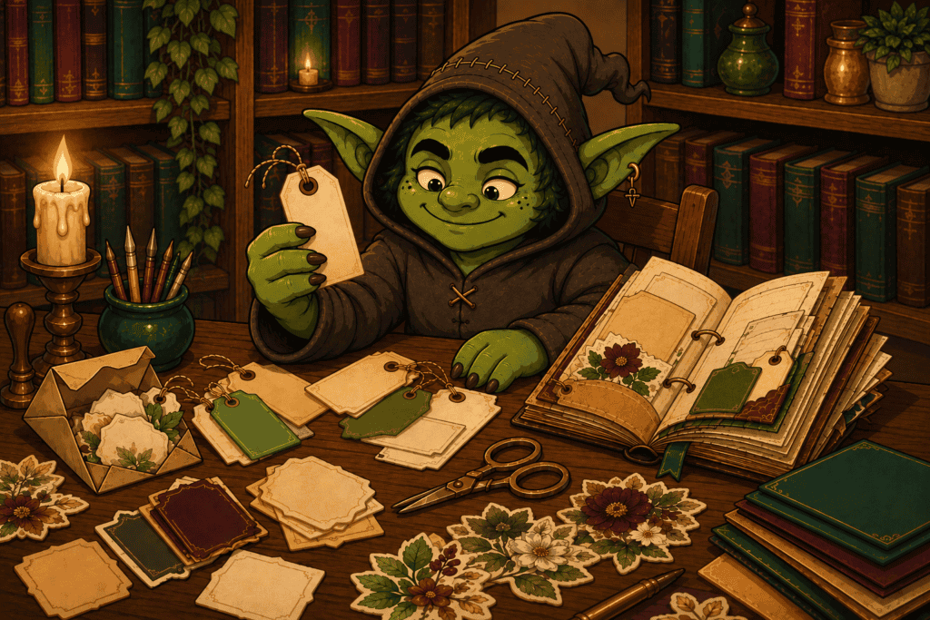 ChapterGoblin sorting printable junk journal ephemera tags and envelopes at a wooden desk.