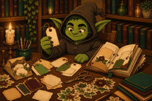 ChapterGoblin sorting printable junk journal ephemera tags and envelopes at a wooden desk.